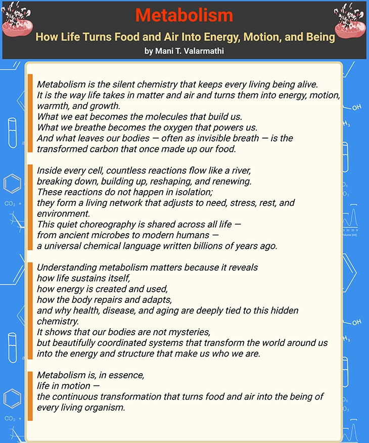 metabolism-how-life-turns-food-and-air-into-energy-motion-and-being metabolism as the chemistry of life, showing how living organisms transform food and oxygen into energy and cellular building blocks to support growth, repair, respiration, and survival.