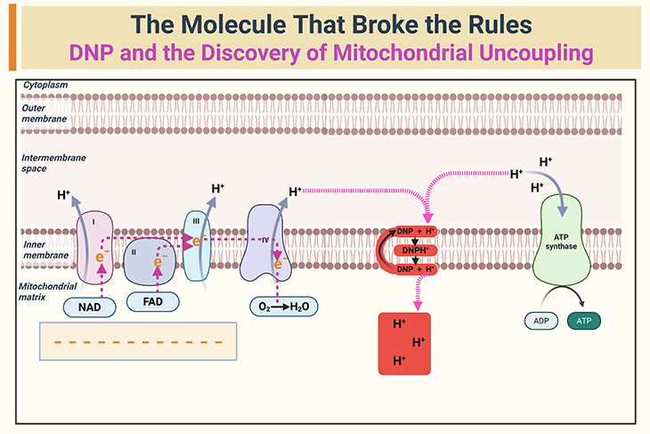 the-molecule-that-broke-the-rules-dnp-and-the-discovery-of-mitochondrial-uncoupling Diagram showing how DNP disrupts mitochondrial ATP production by carrying protons across the inner mitochondrial membrane, creating a proton shunt that bypasses ATP synthase and dissipates the proton gradient as heat instead of producing ATP.