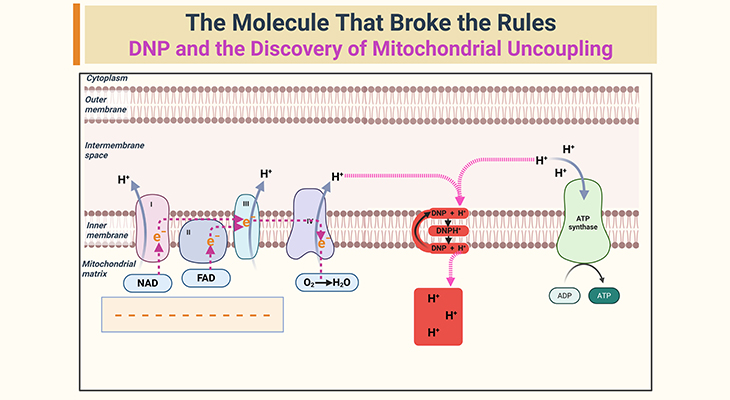 Diagram showing how DNP disrupts mitochondrial ATP production by carrying protons across the inner mitochondrial membrane, creating a proton shunt that bypasses ATP synthase and dissipates the proton gradient as heat instead of producing ATP.